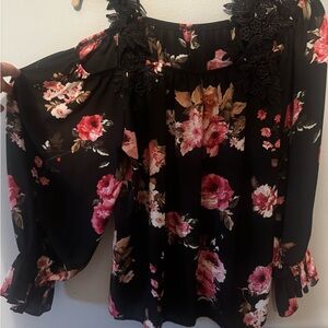 Floral Off-Shoulder Women's Top - Black with Pink Floral